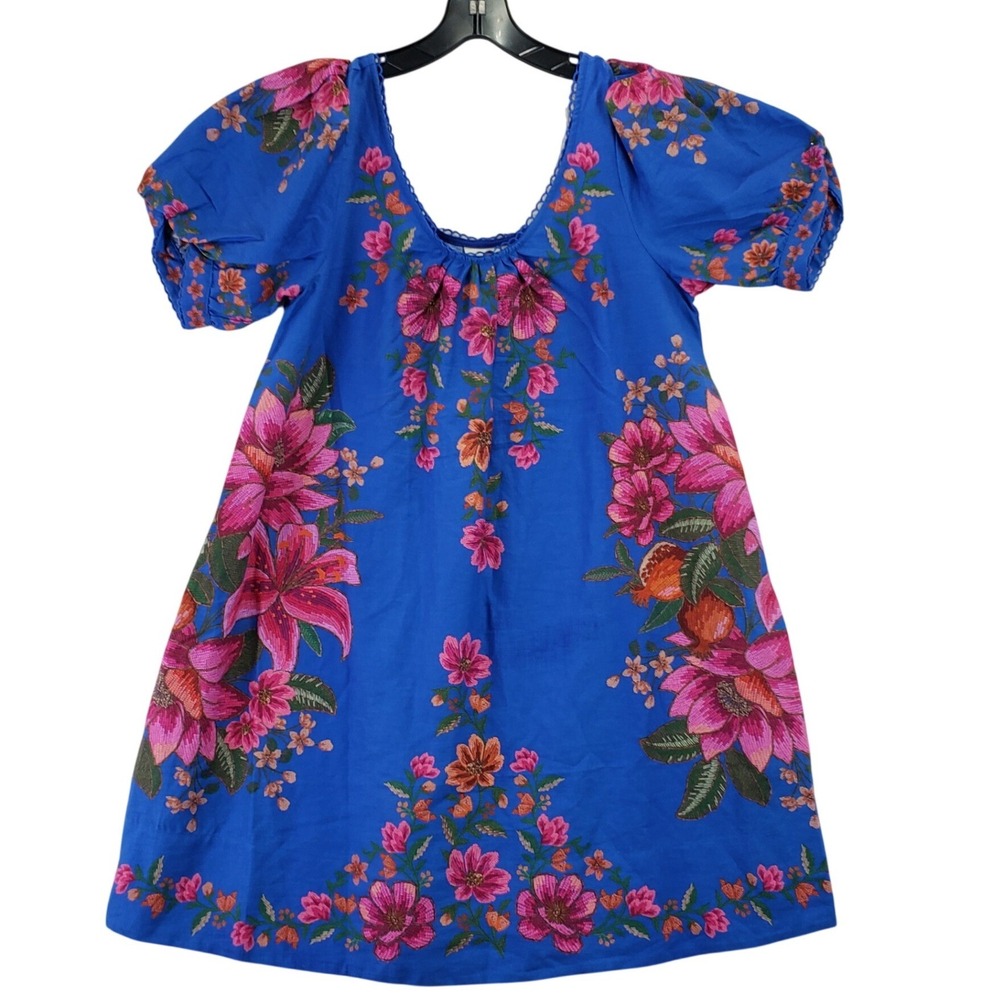 Farm Rio Linen Mini Dress Womens S Blue Pink Floral Puff Sleeve Boho Tuckernuck